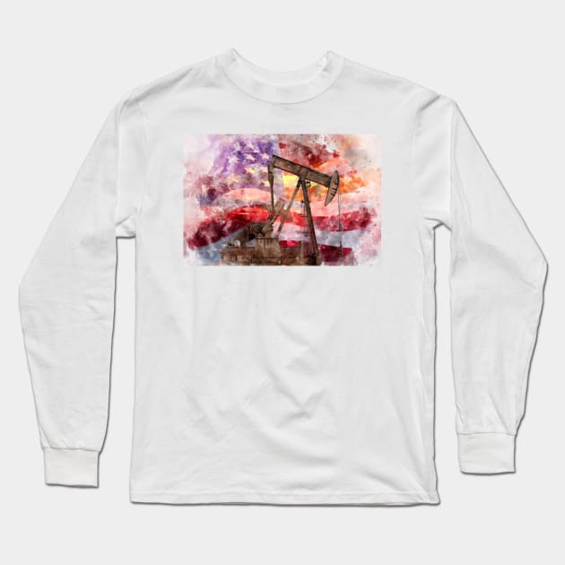 Pumpjack with American Flag silhouette watercolor Long Sleeve T-Shirt by SPJE Illustration Photography